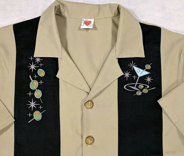 Mens Bowling Shirt, Cocktail, Martini, Lounge Lizard, Retro, Rockabilly, Embroidered
