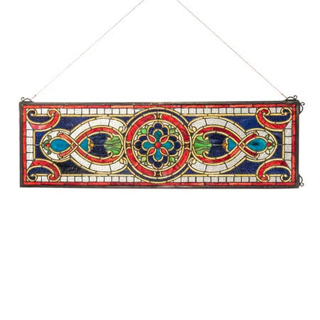 Meyda 35 inch W x 11 inch H Evelyn in Lapis Transom Stained Glass Window 77907