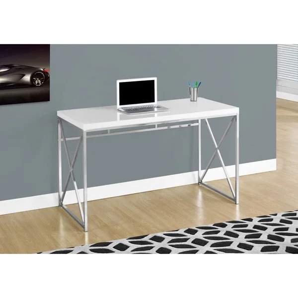 Glossy White and Chrome Metal Computer Desk (Glossy White), Monarch