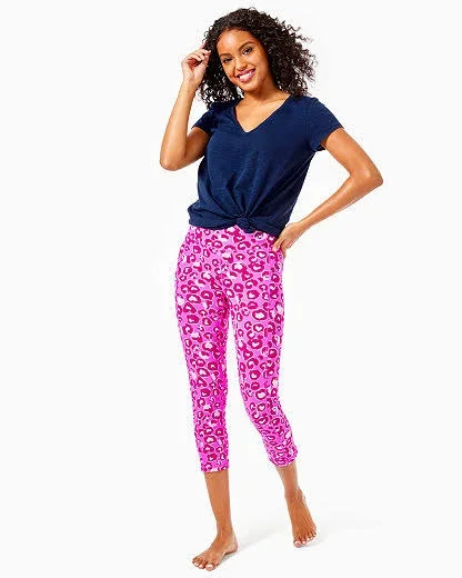 Lilly Pulitzer Women's UPF 50+ Luxletic 21x22 Weekender High Rise Crop Legging (Mandevilla Pink Dont Be A Cheetah) (Size XXS)