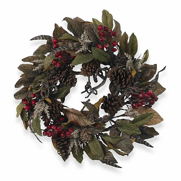 Nearly Natural 24 inch Pinecone - Berry & Feather Wreath, Green