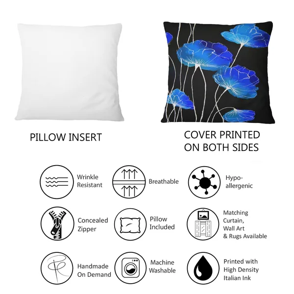 Designart 'Detail of Blue Flowers on Black II' Traditional Printed Throw Pillow - 12 x 20