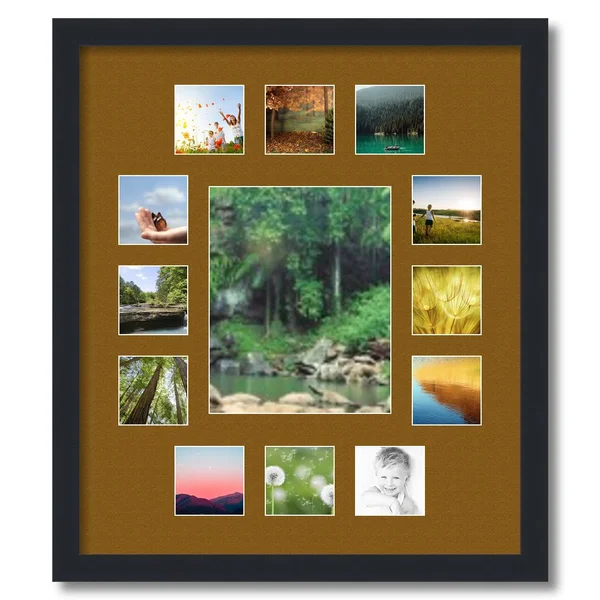 Collage Picture Frame - Satin Black Frame with 13 openings for 8x10 Photos with Brown Coronado Mat. D3926EB676, ArtToFrames