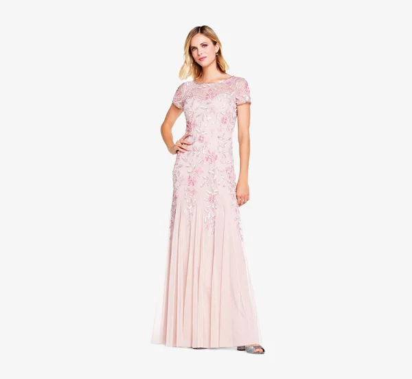 Adrianna Papell Hand Beaded Short Sleeve Floral Godet Gown - Blush, Size: 22