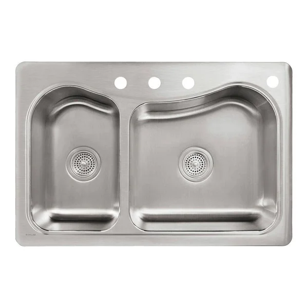 Kohler K-3361-4-NA Stainless Steel Staccato 33 inch x 22 inch Top-Mount large/medium Double-Bowl Kitchen Sink with 4 Faucet Hole