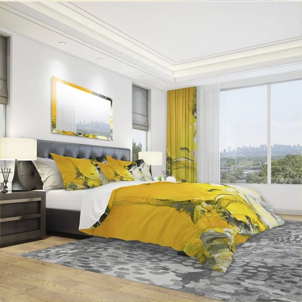 Designart &White and Yellow Marbled Acrylic with A Cloud of Black& Modern & Contemporary Bedding Set - Duvet Cover & Sha