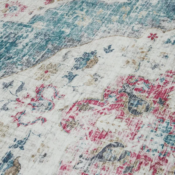 Machine Washable - Vintage Distressed Bohemian - Light Blue - 4& x 6& - 4& x 6& (Blue - Pink, Ivory)