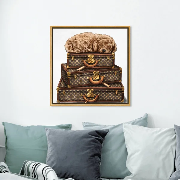 Oliver Gal Fashion and Glam Wall Art Framed Canvas Prints 'Sleeping Poodle' Travel Essentials - Brown, White - 24 x 24 - Gold