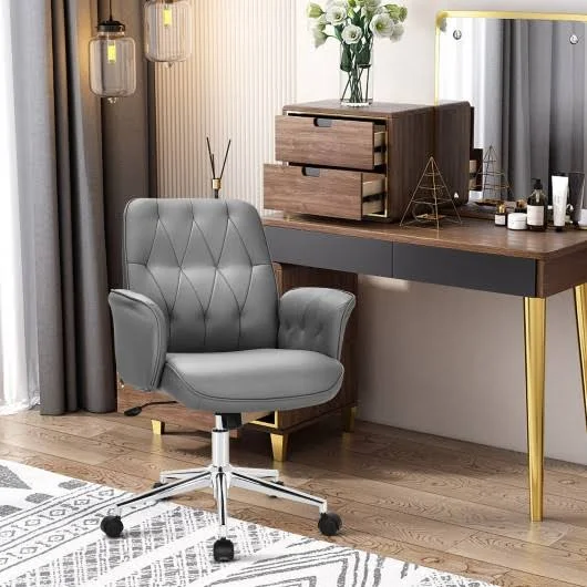 Modern Home Office Leisure Chair PU Leather Adjustable Swivel with Armrest-Gray