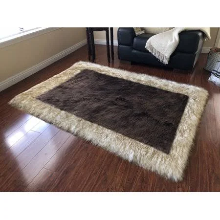 Lambzy Faux Sheepskin Brown Tips Border Area Rug, Brown 6'x9'