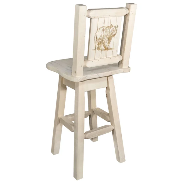 Montana Woodworks MWHCBSWSNRLZBEAR Homestead Barstool with Back & Swivel with Laser Engraved Bear Design