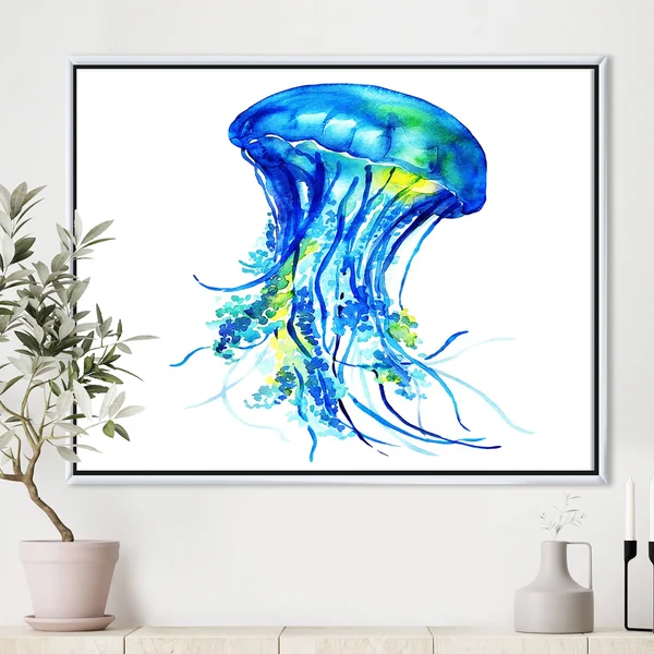 Designart 'Ocean Water Jellyfish' Animal Framed Canvas Art Print - 40 in. Wide x 30 in. High - Gold