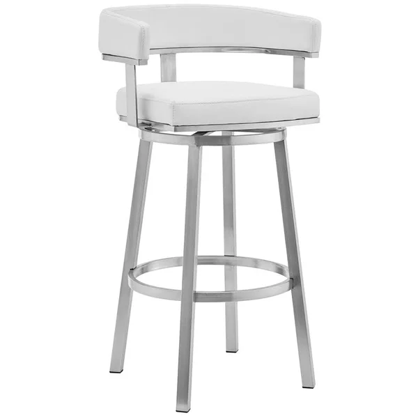 Armen Living Cohen 30x22 White Faux Leather and Brushed Stainless Steel Swivel Bar Stool
