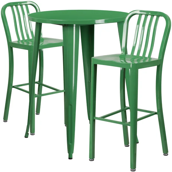 Round Orange Metal Indoor-Outdoor Bar Table Set with 2 Vertical Slat Back Stools