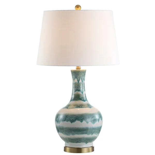 Jonathan Y Tucker 30.5 in. Green/White Striped Ceramic/Metal LED Table Lamp