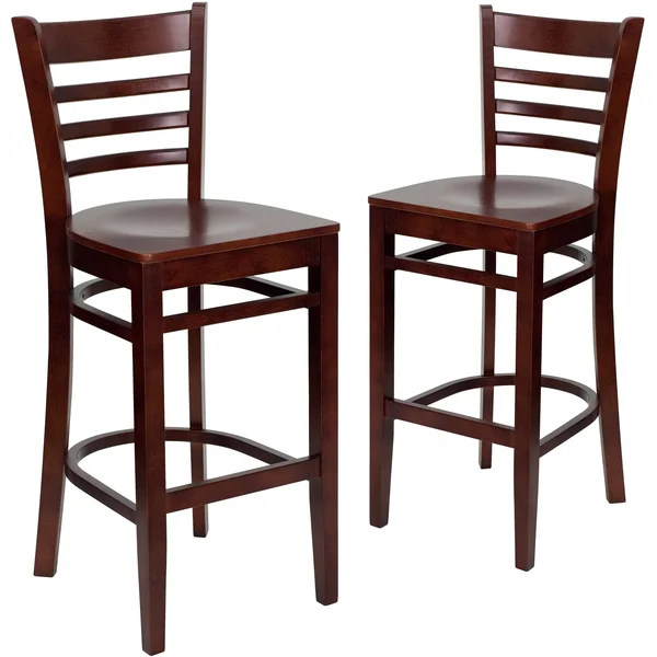 Lancaster Home 2 Pack Vertical Slat Back Wooden Restaurant Barstool - 16.75x22W x 19x22D x 43.75x22H - Black Vinyl Seat/ Cherry