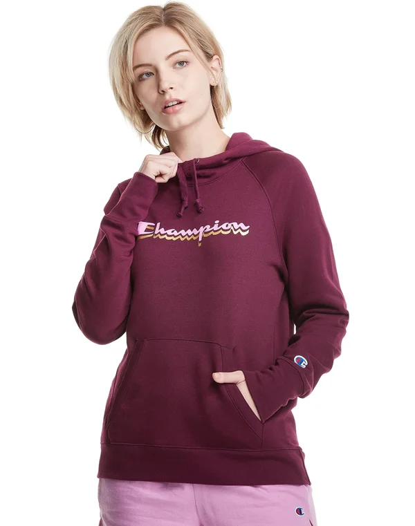 Champion Women's Powerblend Graphic Hoodie - Large, Dark Berry Purple