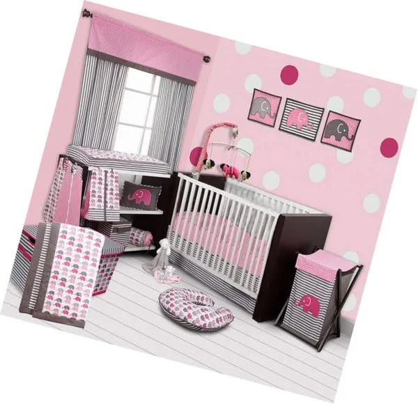 Bacati - Elephants Pink/Grey 10-Piece Nursery in A Bag Girls Crib Baby Bedding Set with 2 Crib Sheets 100% Cotton Fabrics