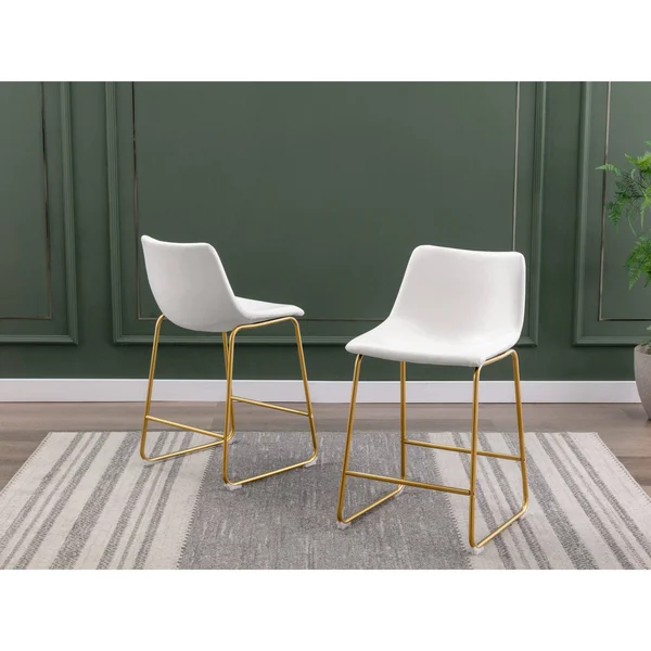 Best Quality Furniture Double Counterheight Chairs in White Faux Leather W Gold Chrome Base (Set of 2)