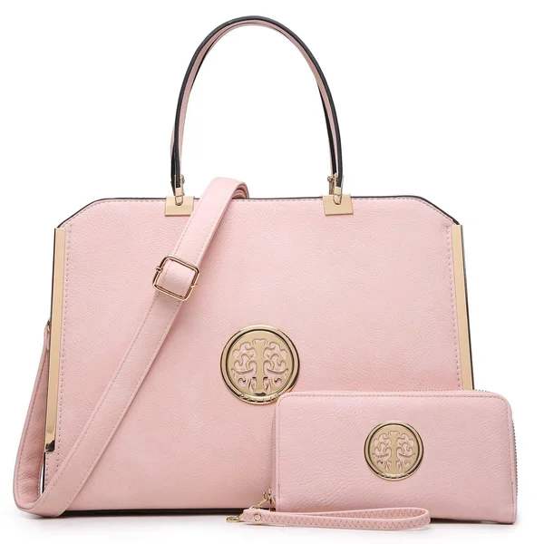 Dasein Striped Faux Leather Briefcase with Matching Wallet - Women's, Size: 14.5, Pink