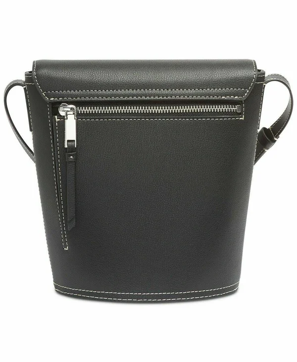 Calvin Klein Statement Series Leather Lock Crossbody Bucket Bag Black Silver