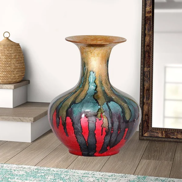 18x22 Foiled & Lacquered Ceramic Vase - Ceramic, Lacquered in Gold, Green, Blue and Red