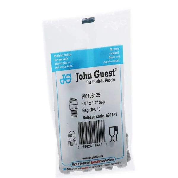 John Guest PI010812S-10PK Adapter, 1/4 in Tube Od, pk10