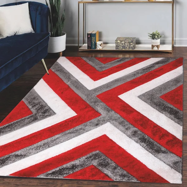 Santorini Collection Red/Gray Shag Polyester Area Rug - 5' x 7'