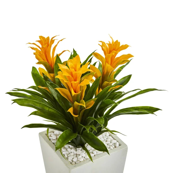 Nearly Natural Artificial Triple Bromeliad Plant in White Tower Planter Purple
