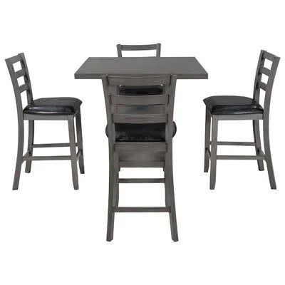 5-Piece Wooden Counter Height Dining Set, Square Dining Table with 2-Tier Storage Shelving and 4 Padded Chairs, Gray August Grov