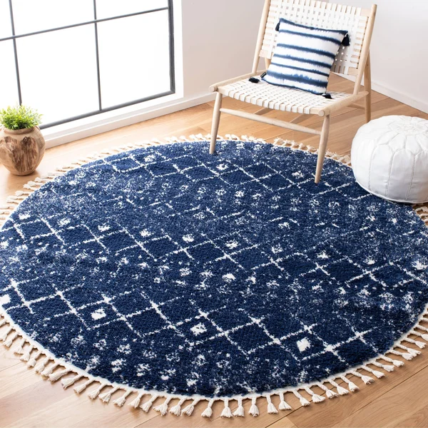 Safavieh 6&-7x22 x 6&-7x22 Square Berber Fringe Shag BFG519N Dark Blue, Ivory Rug
