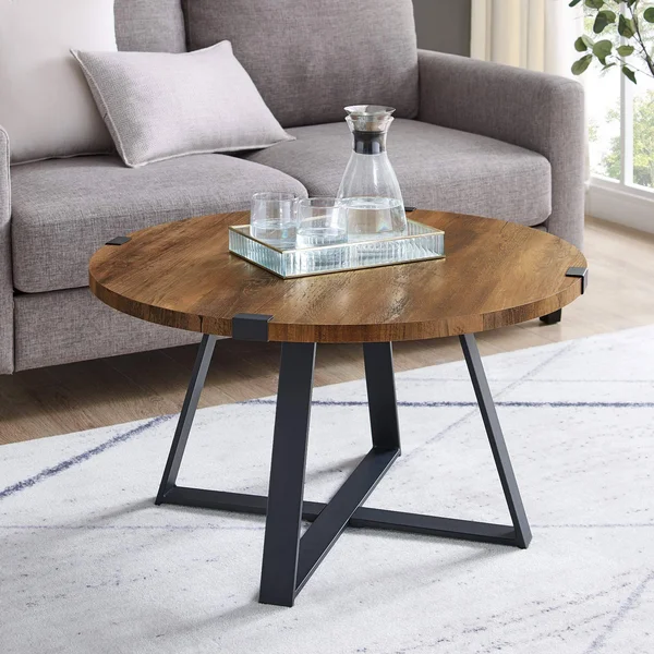 Walker Edison 30x22 Metal Wrap Round Coffee Table - Rustic Oak/Black