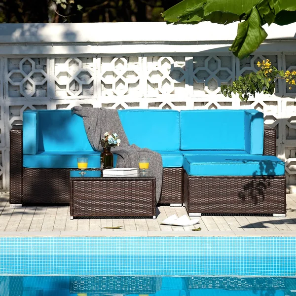 CO-Z 5 Pcs Outdoor Patio Furniture Set, Sectional Sofa, Table - Walnut & Blue, 29.5 x 29.5 x 25 in