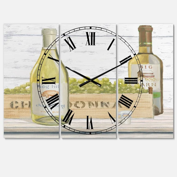 Designart 'White Chardonnay Wine Bottles' Farmhouse Wall Clock - Size: 28 inch x 36 inch, Yellow