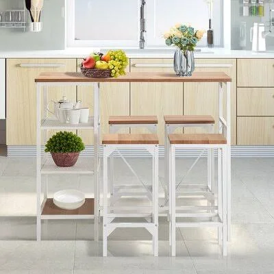 5 Piece Counter Height Dining Table Set - Industrial Style Bar Pub Table with 4 Backless Bar Stools for Home Latitude Run Table T