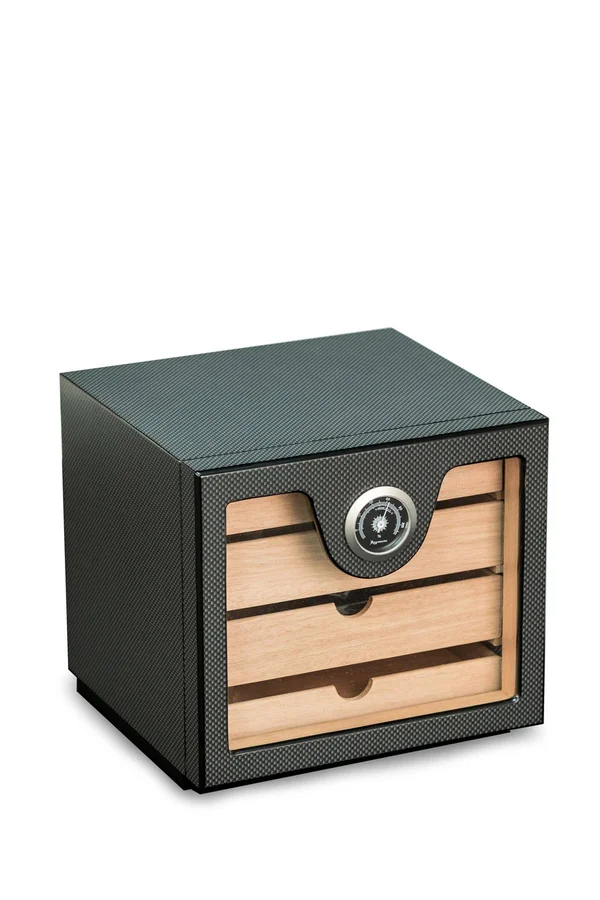 Bey Berk Carbon Fiber Matt Finish Wood Humidor with Hygrometer