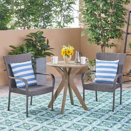 Noble House Sanders Gray 3-Piece Wood and Wicker Outdoor Bistro Set