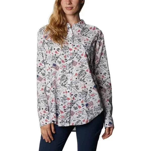 Columbia Women's PFG Sun Drifter II Long Sleeve Shirt - White Americana - M