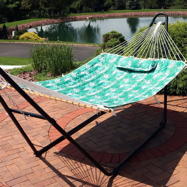 Sunnydaze Cotton Quilted Hammock Pad and Pillow - Green Palm Leaves