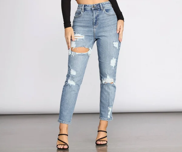 Chic Destruction High Rise Boyfriend Jeans in Medium Denim - Size: 0, Windsor
