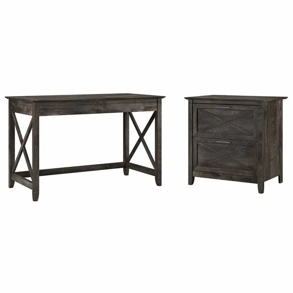 Bush Furniture Key West 48x22 Engineered Wood Writing Desk with Lateral File Cabinet - Dark Gray Hickory (KWS003GH)