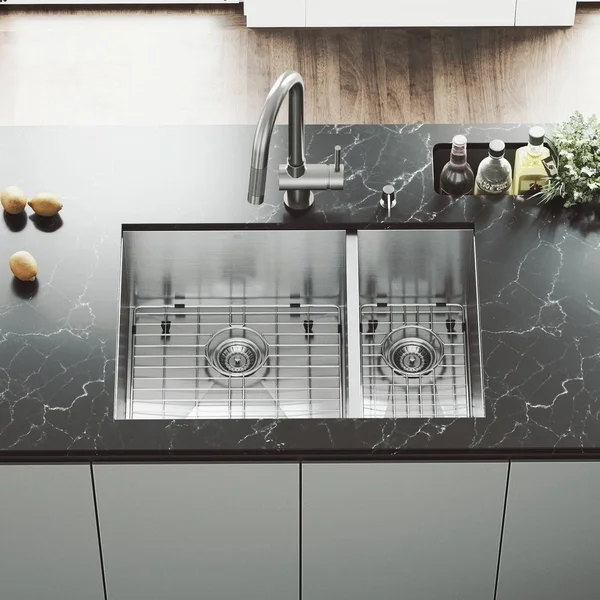 Vigo VG15182 All in One 29x22 Undermount Stainless Steel Double Bowl Kitchen Sink and Faucet Set