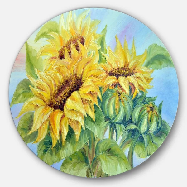 Design Art 'Three Sunflowers' Painting Print on Metal - Yellow