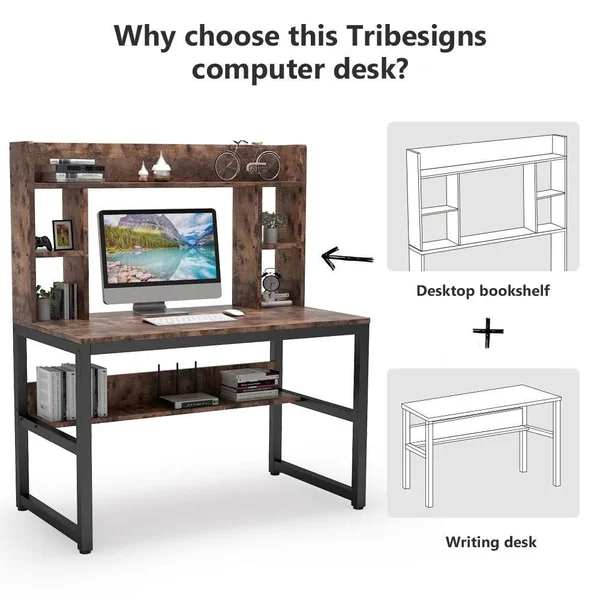 Computer Desk with Storage Shelves - 47 inch Modern Study Writing Desk with Hutch - Vintage Brown