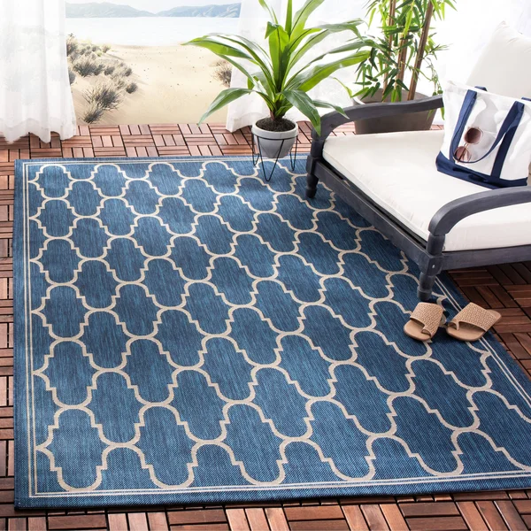Safavieh Courtyard Navy & Beige 4& x 5&-7x22 Indoor/Outdoor Rug