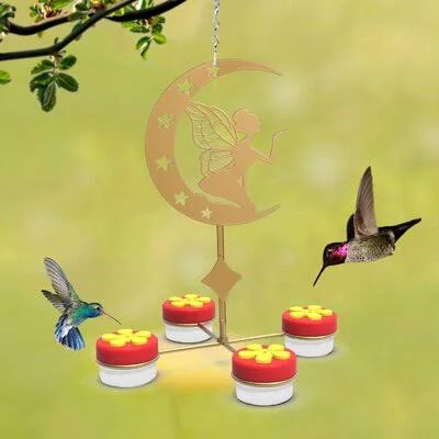 Hanging Hummingbird Feeders for Outdoors, Red Hand-Held Hummingbird Feeder with Clean Brushes (Metal, Gold, Fairies) Arlmont u00