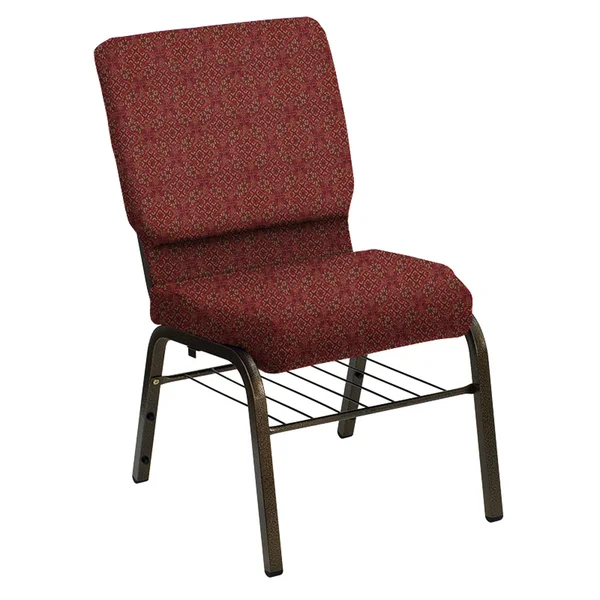 Flash Furniture Hercules Series 18.5x22W Church Chair in Faith Cranberry w/ Book Rack - Gold Vein Frame - Steel/Fabric, NG-CH-185