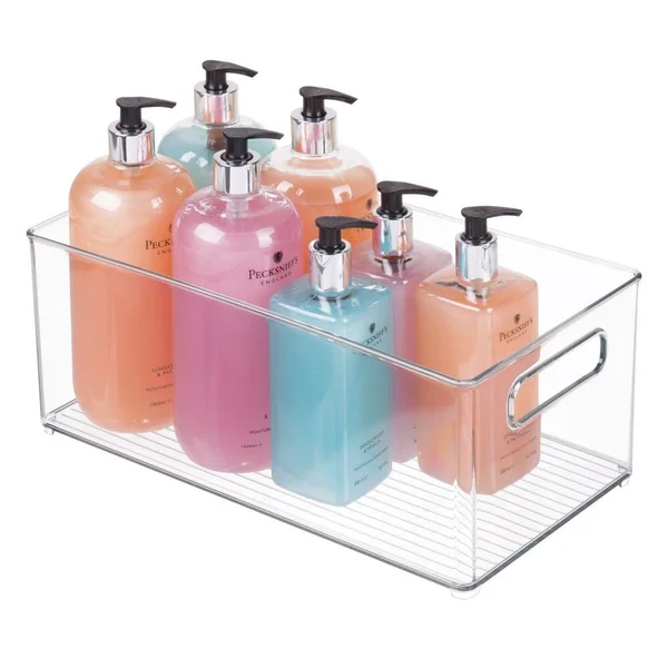 mDesign Plastic Bathroom Storage Bin Tote with Handles - 4 Pack - Clear