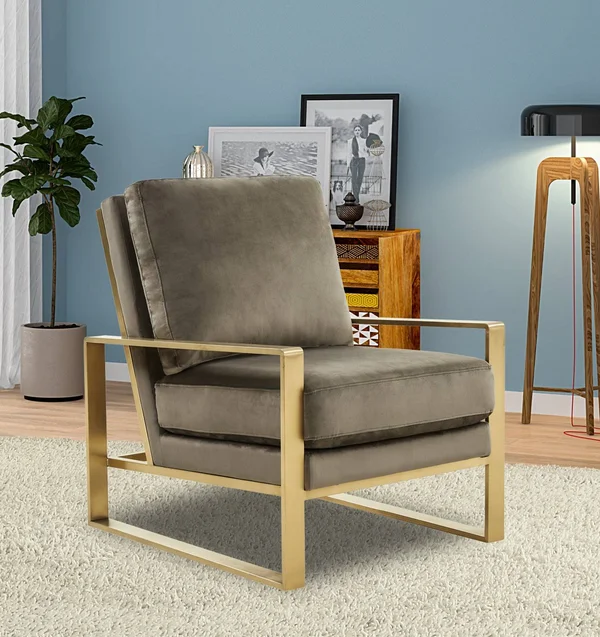 LeisureMod Jefferson Velvet Design Accent Armchair with Gold Frame Purple