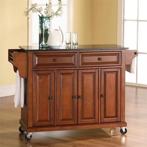 Bowery Hill Solid Black Granite Top Kitchen Cart in Classic Cherry